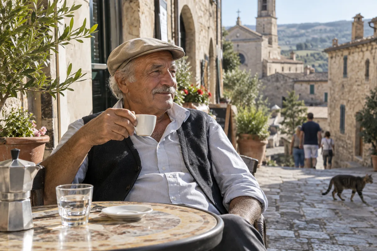 Mann mit Kaffee an einem Straßencafé