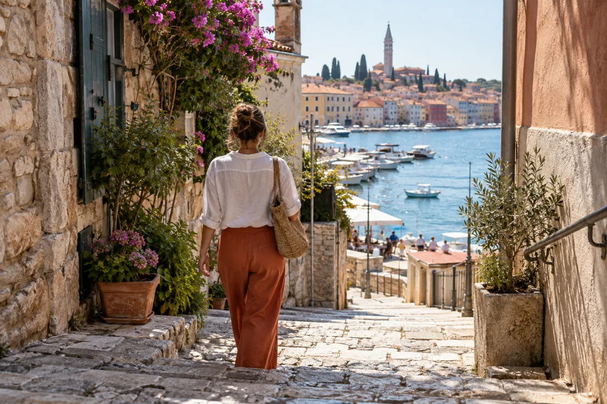 Gasse mit Blick auf einen mediterranen Hafen